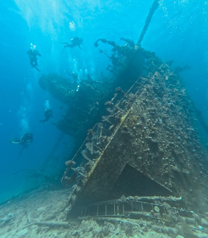 Explore a sunken shipwreck with scuba divers navigating through clear blue waters.